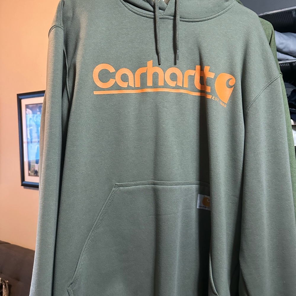 Carhartt Men's Olive Green Hoodie with Orange Logo